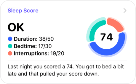 Sleep score card showing a 74 score.